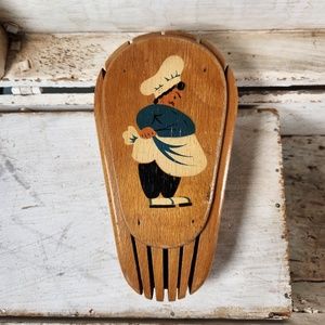 Vintage 1940s Wooden Knife Holder Block Wall Hanging, Hand-Painted Chef Image
